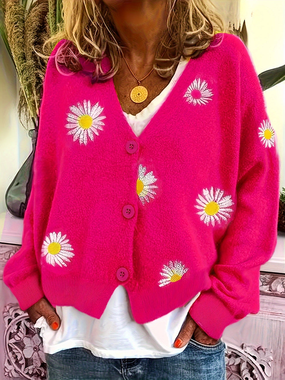 Elmara | Women's Daisy Embroidered Knit Cardigan - Green - Image 2