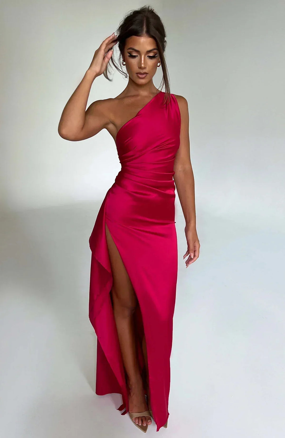 Fallon | Women's One Shoulder Ruched Maxi Dress - Red - Image 1