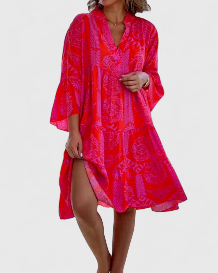 Farrah | Women's Boho V-Neck Bell Sleeve Midi Dress - Red - Image 1