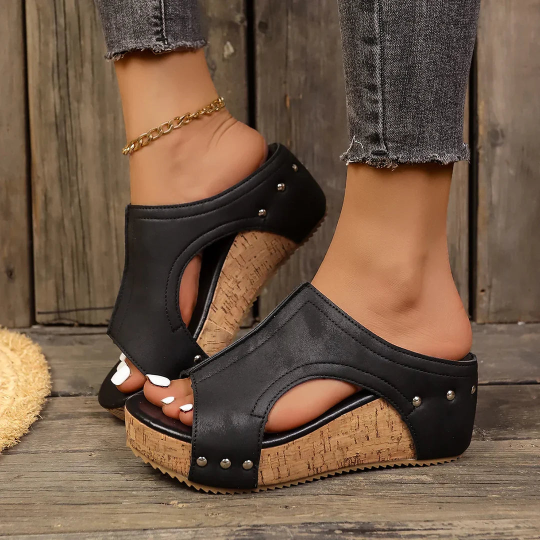 Felicity | Women's Studded Cork Wedge Sandals - Black - Image 1