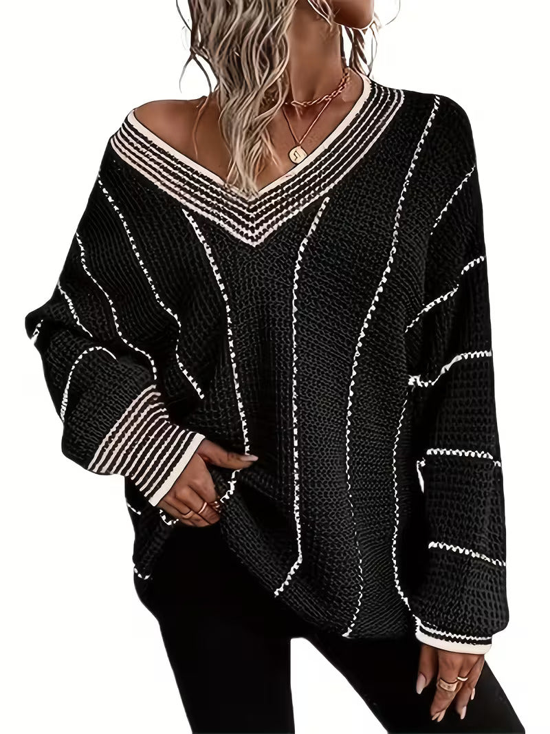 Fennick | Women's Oversized V-Neck Striped Knit Sweater - Cream - Image 2