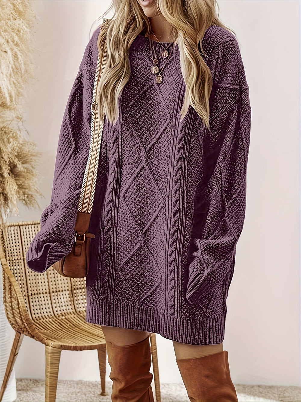 Fernsby | Women's Cable Knit Sweater Dress - Purple - Image 2