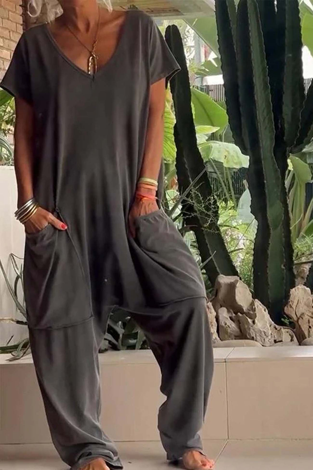 Freya | Women's V-Neck Short Sleeve Wide Leg Jumpsuit - Image 2