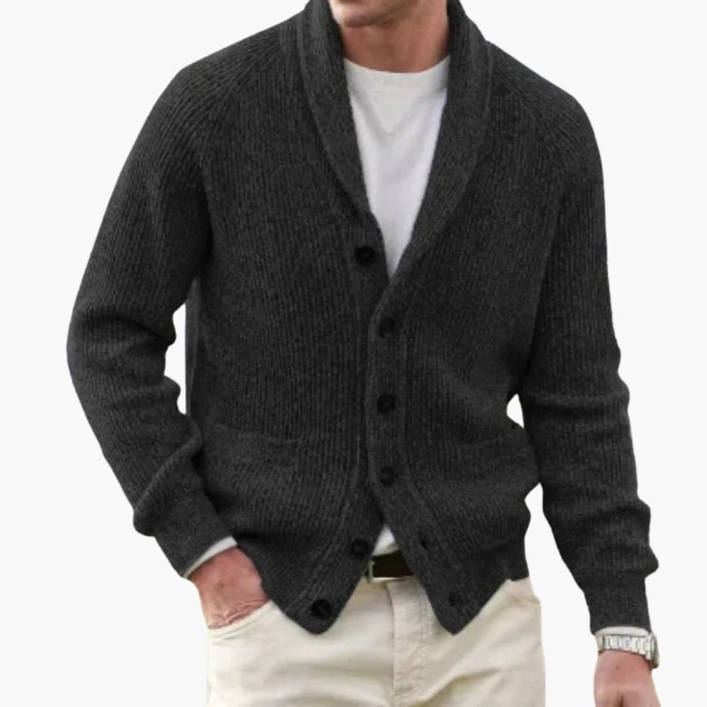 Gavan | Men's Shawl Collar Button Front Cardigan - Dark Grey - Image 2
