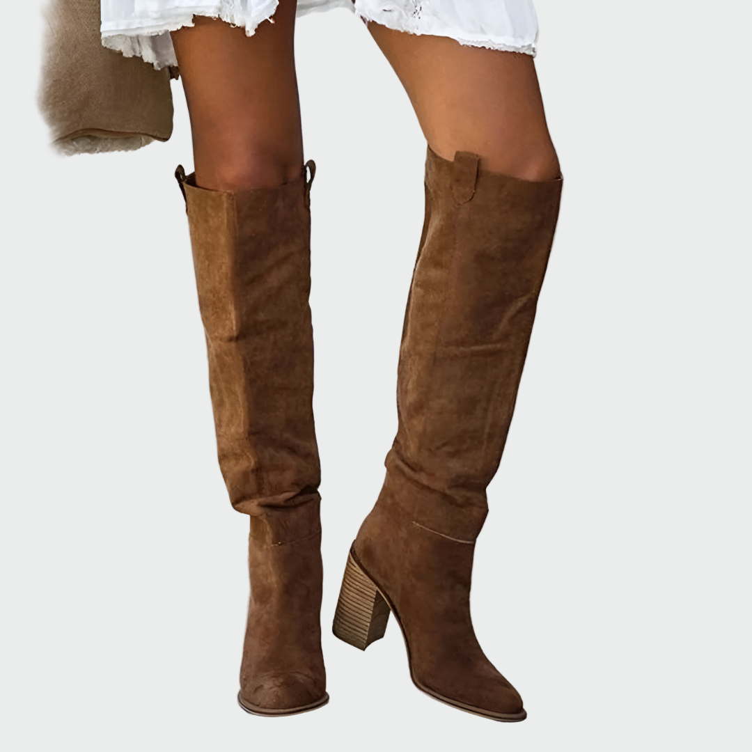 Halvara | Women's Knee-High Boots Brown Block Heel - Image 1
