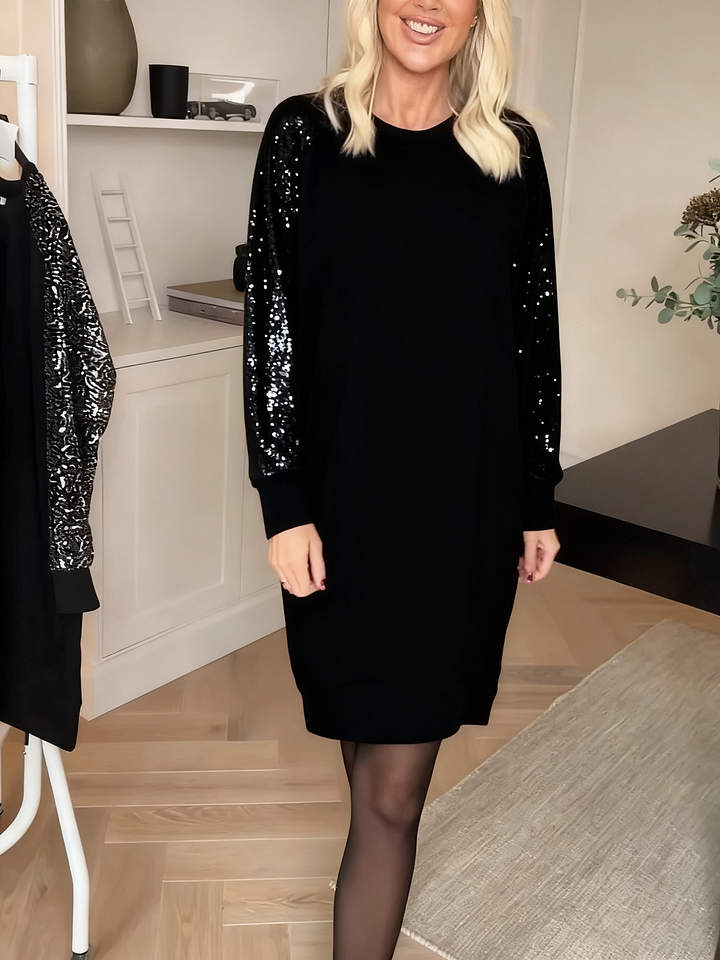 Halvorne | Women's Sequin Sleeve Sweatshirt Dress - Brown - Image 2