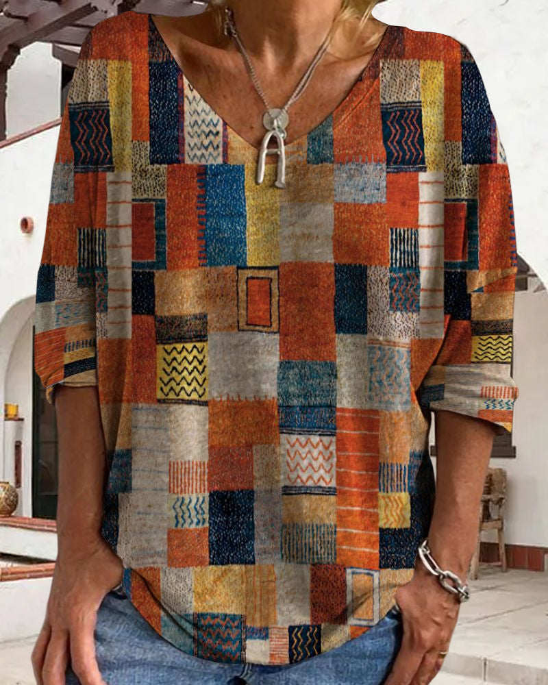 Imogen | Women's Patchwork V Neck 3/4 Sleeve Blouse - Image 1