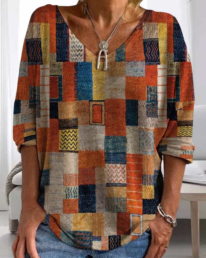 Imogen | Women's Patchwork V Neck 3/4 Sleeve Blouse - Image 2
