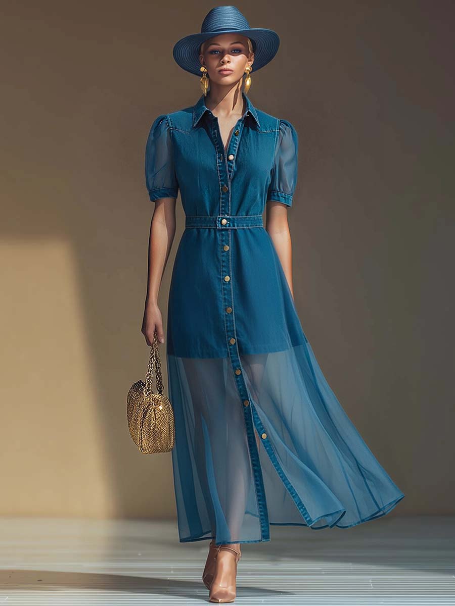 Isolde | Women's Button Front V-Neck Maxi Dress - Blue - Image 2