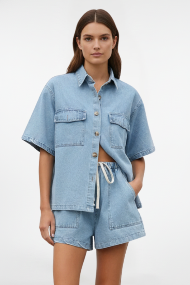 Juliette | Women's Short Sleeve Two Piece Set - Light Blue - Image 2