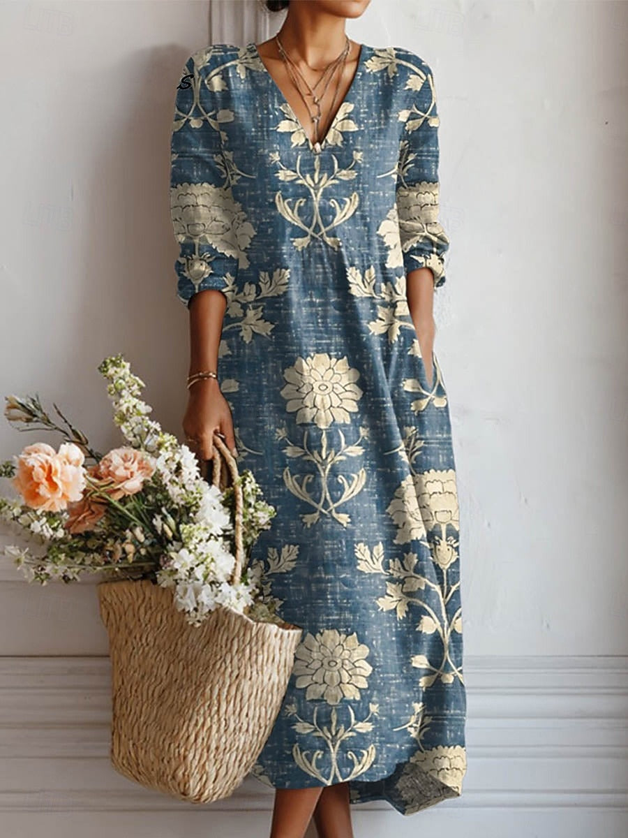 Juniper | Women's Floral V-Neck Long Sleeve Midi Dress - Blue - Image 1