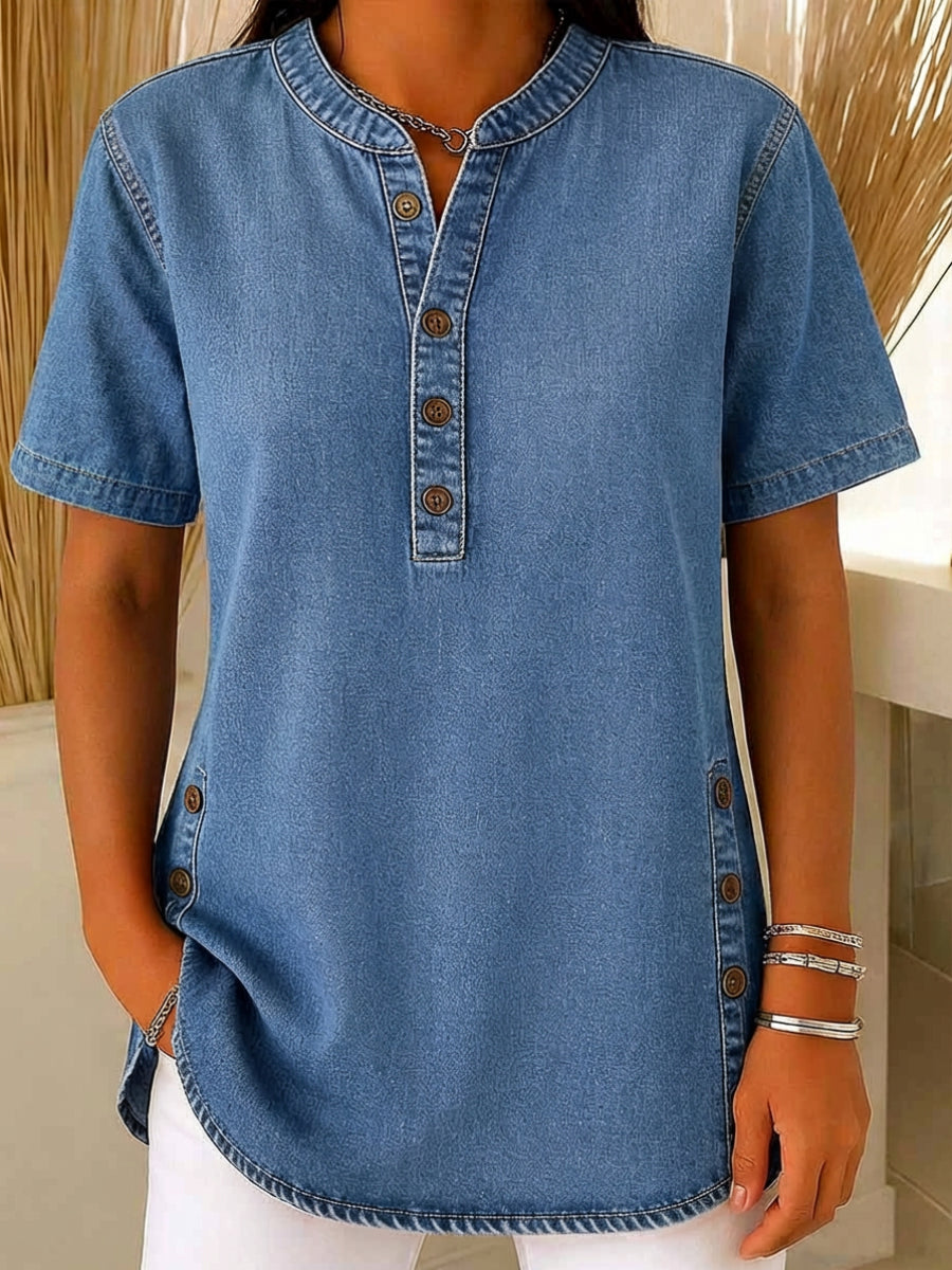 Juniper | Women's Short Sleeve Henley Blouse - Blue - Image 1