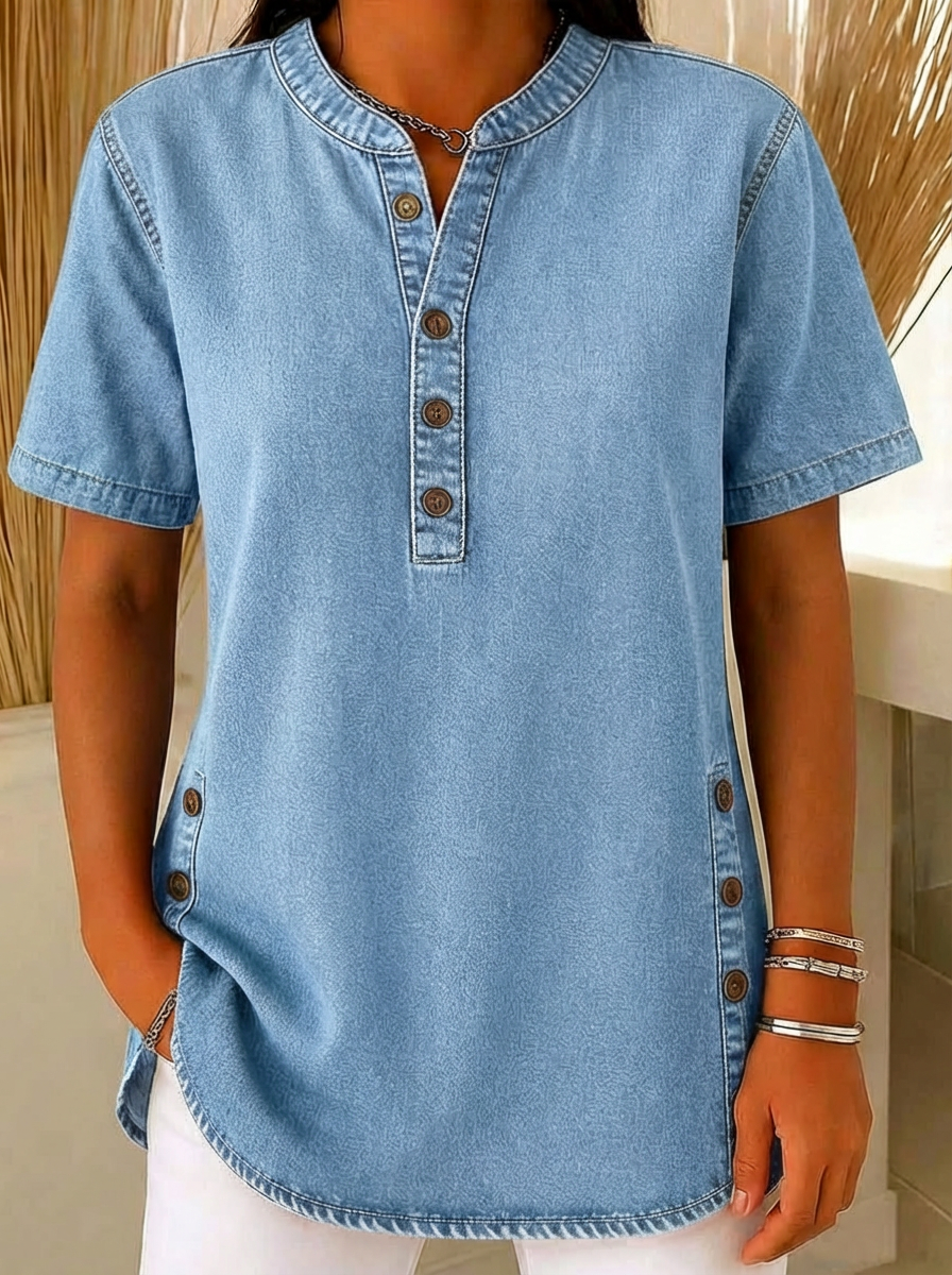 Juniper | Women's Short Sleeve Henley Blouse - Blue - Image 2