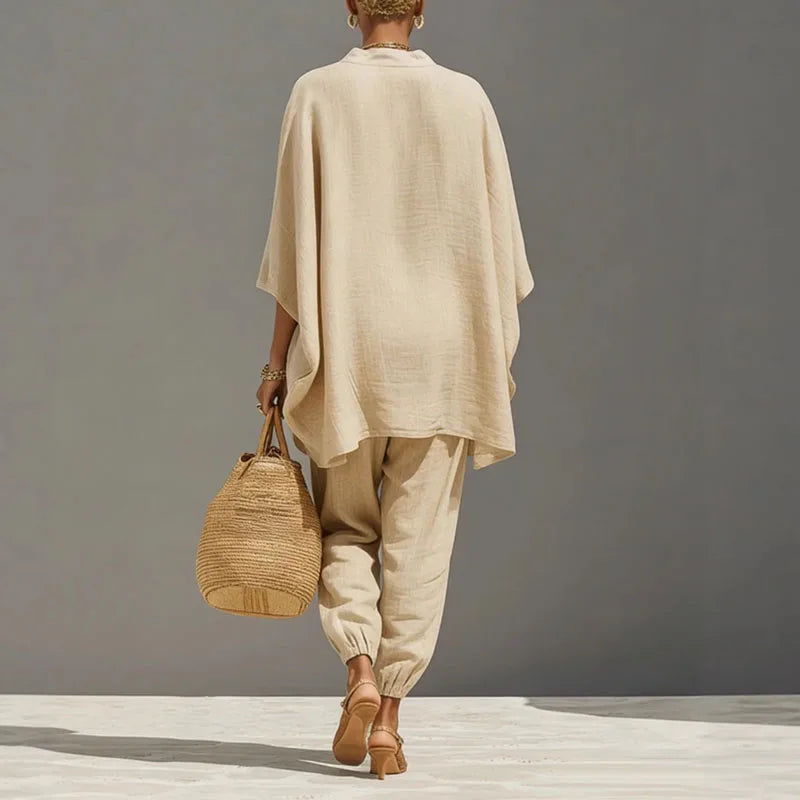 Lavinia | Women's Batwing Wide Leg Matching Set - Beige - Image 2