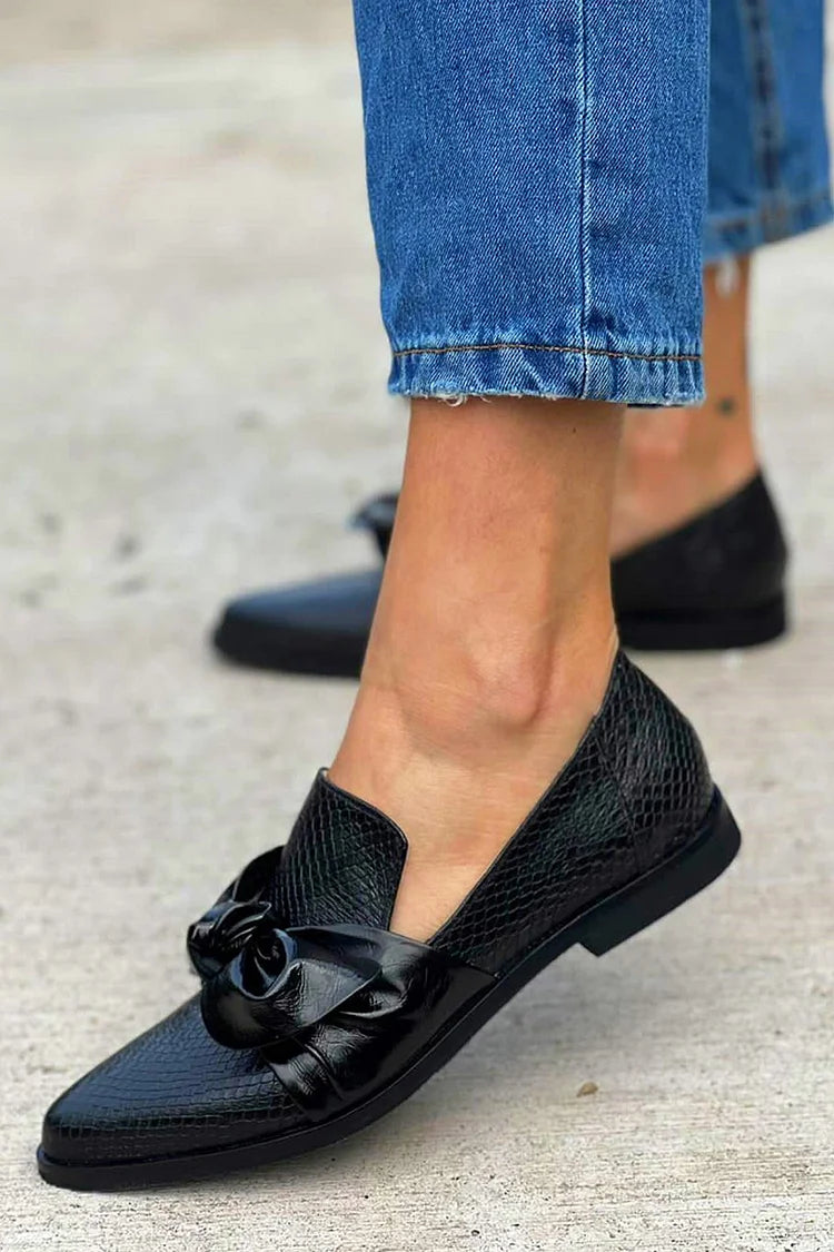 Leonie | Women's Black Bow Slip-On Loafers - Black - Image 2