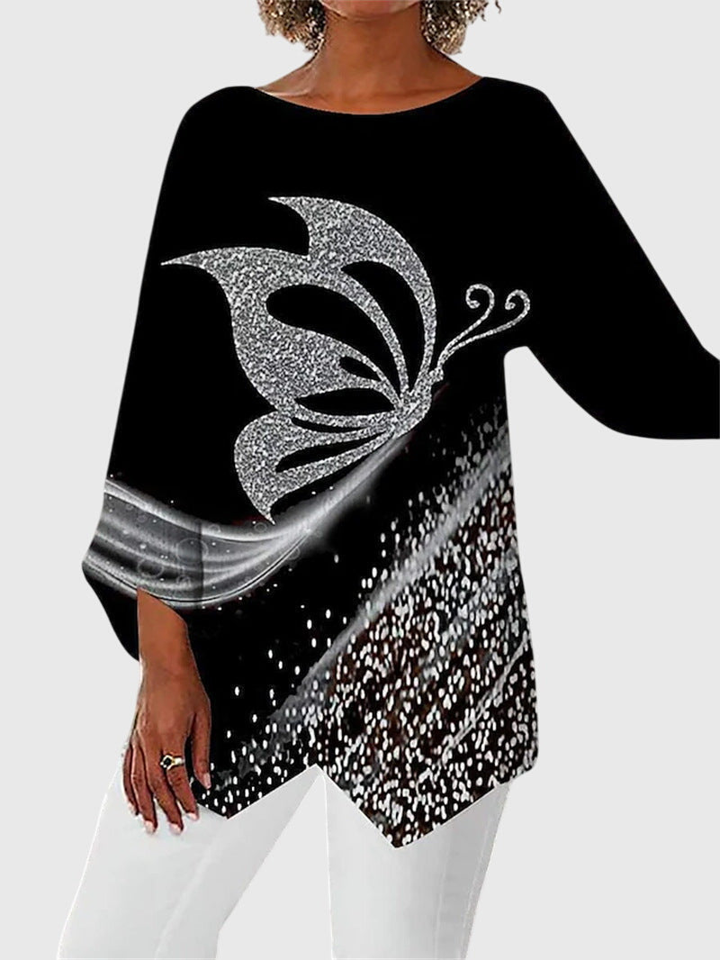 Lyanna | Women's Butterfly Print Asymmetric Hem Top - Black - Image 1