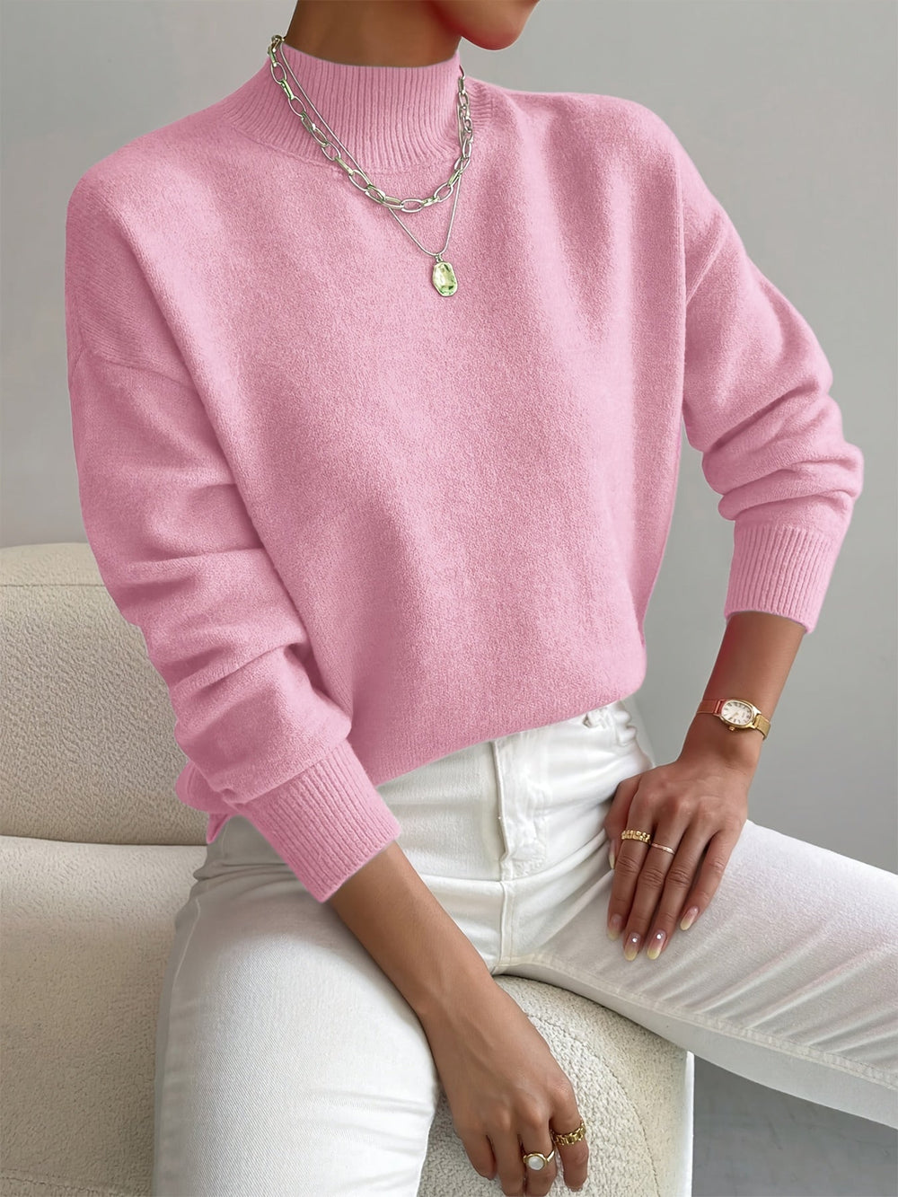 Maren | Women's Mock Neck Relaxed Fit Sweater - White - Image 2