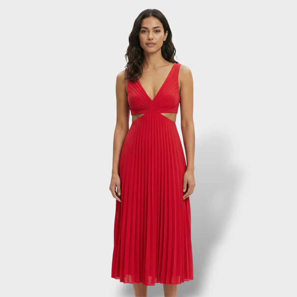 Maren | Women's Pleated V-Neck Cutout Summer Dress - Yellow - Image 2