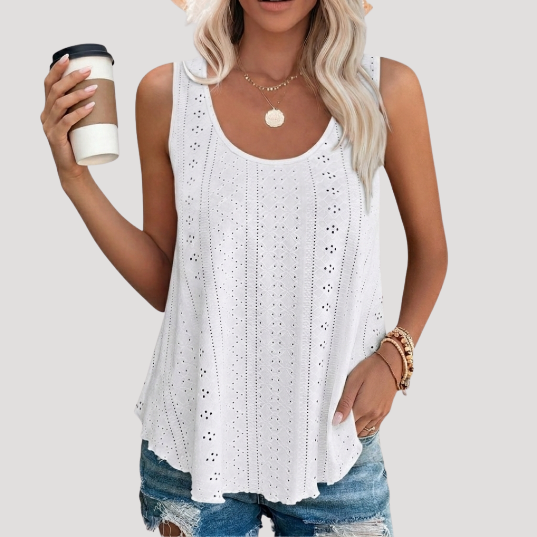 Miriam | Women's Eyelet Sleeveless Tank Top - White - Image 1