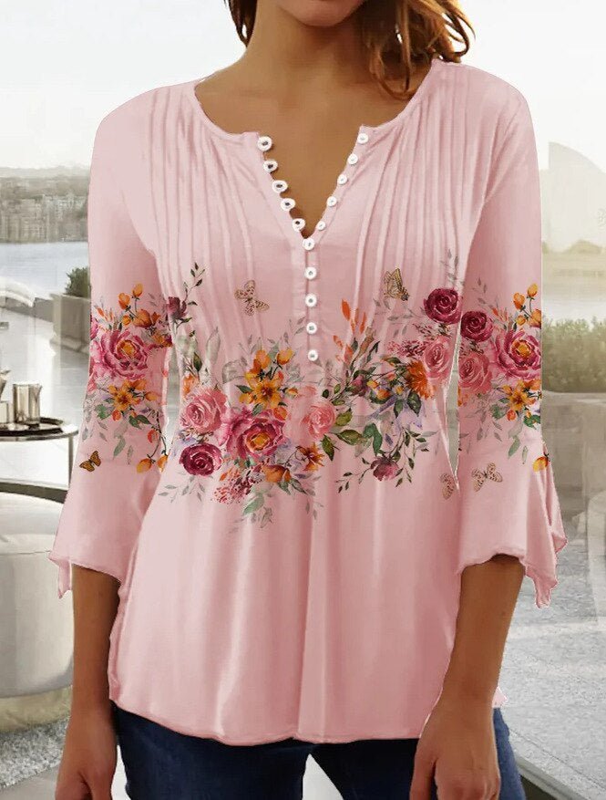 Nadine | Women's Floral Henley 3/4 Sleeve Blouse - White - Image 2