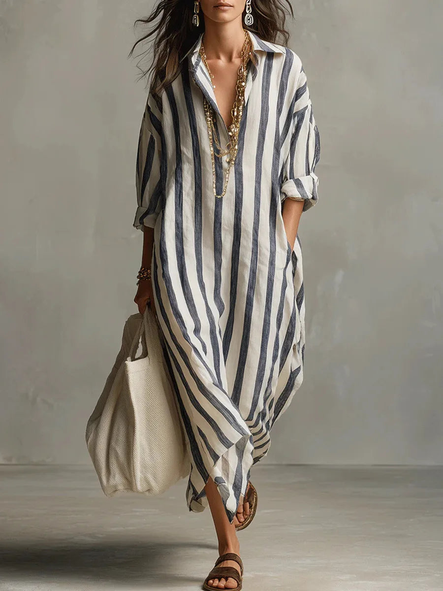 Paloma | Women's Striped Long Sleeve Shirt Dress - Striped - Image 1