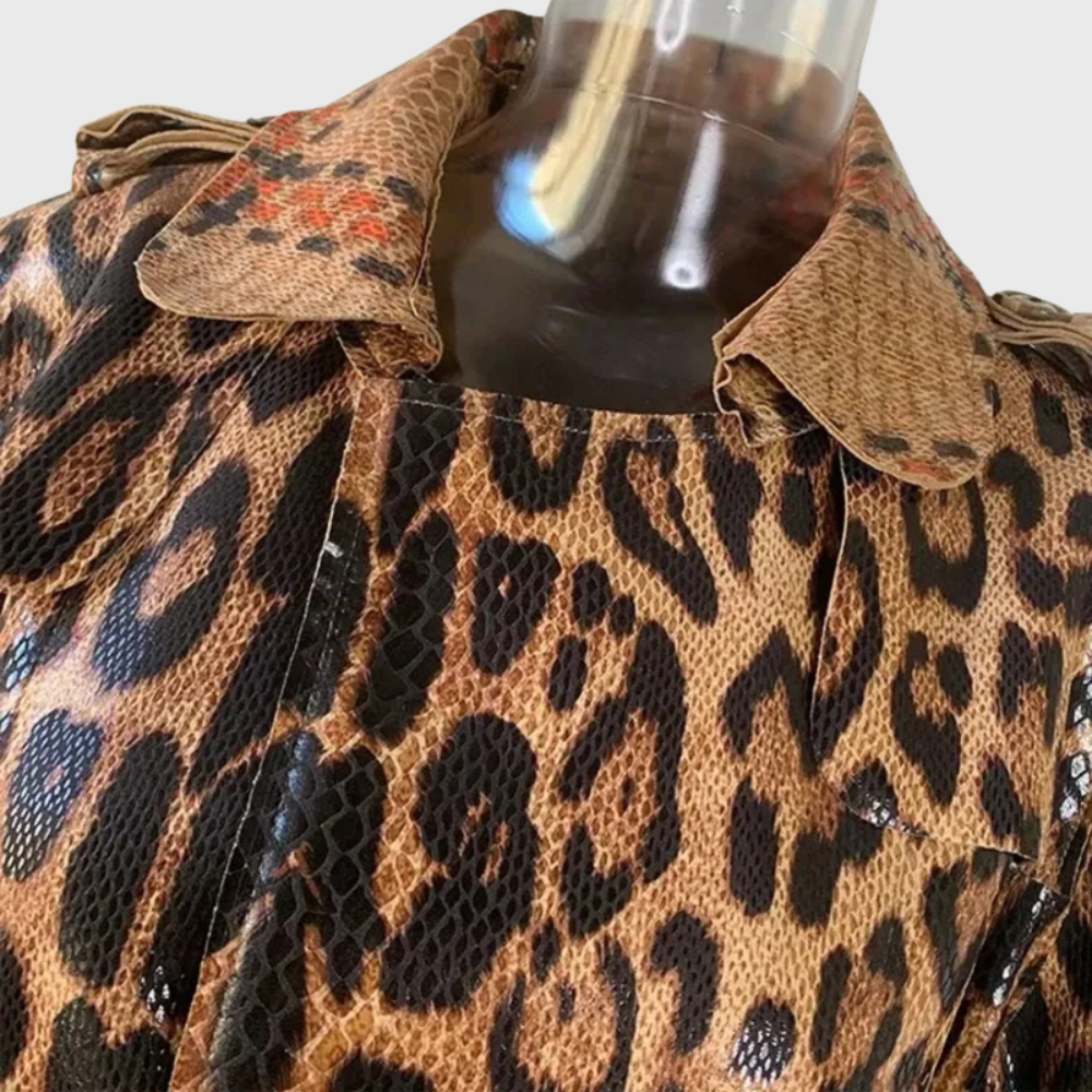 Persephone | Women's Leopard Print Long Belted Trench Coat - Brown - Image 2