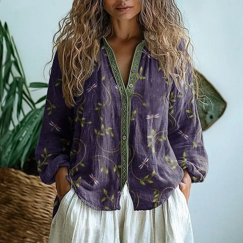 Petra | Women's Embroidered V-Neck Long Sleeve Blouse - Image 1