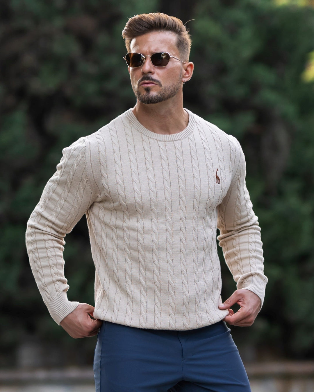 Phelan | Men's Cable Knit Crew Neck Long Sleeve Sweater - Cream - Image 1
