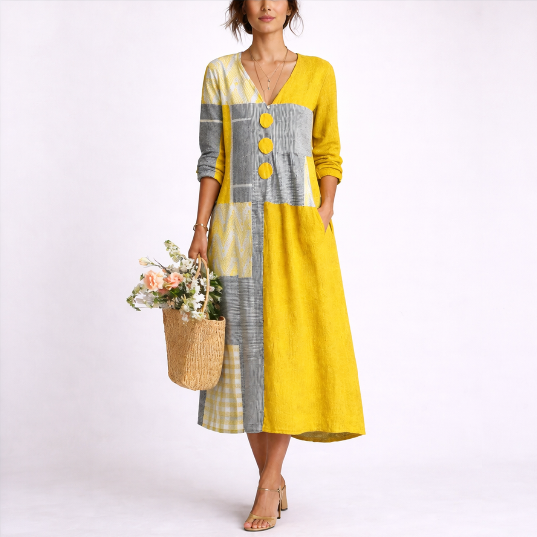 Priscilla | Women's Patchwork V-Neck Midi Dress - Yellow - Image 1