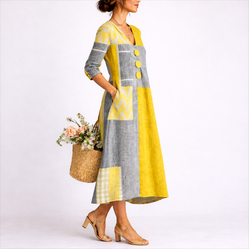Priscilla | Women's Patchwork V-Neck Midi Dress - Yellow - Image 2