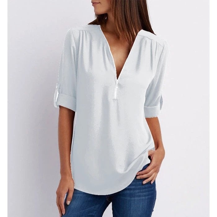 Priya | Women's Zip Front V-Neck 3/4 Sleeve Blouse - Image 2