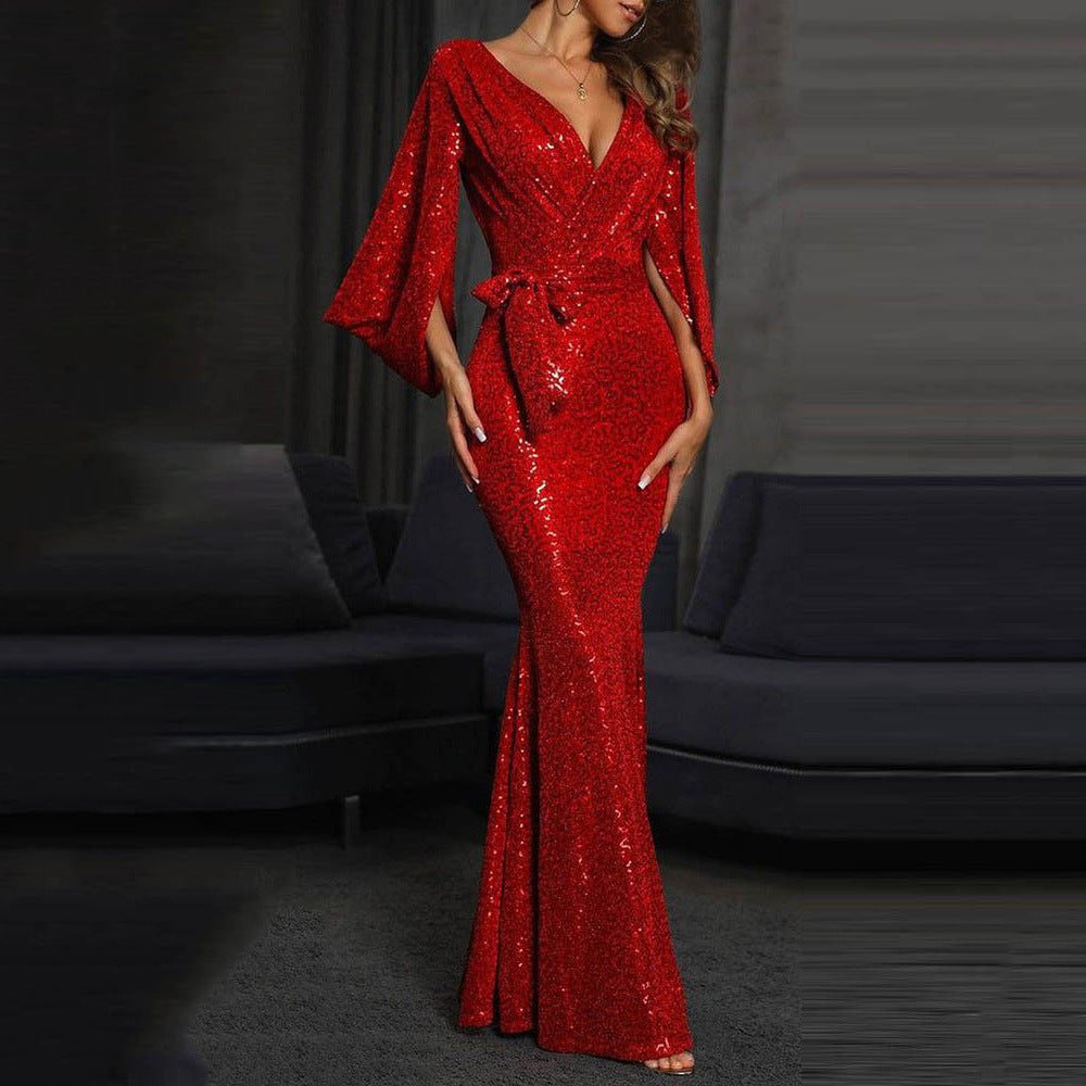 Ravelle | Women's Sequin Party Maxi Dress Long Sleeve - Red - Image 1