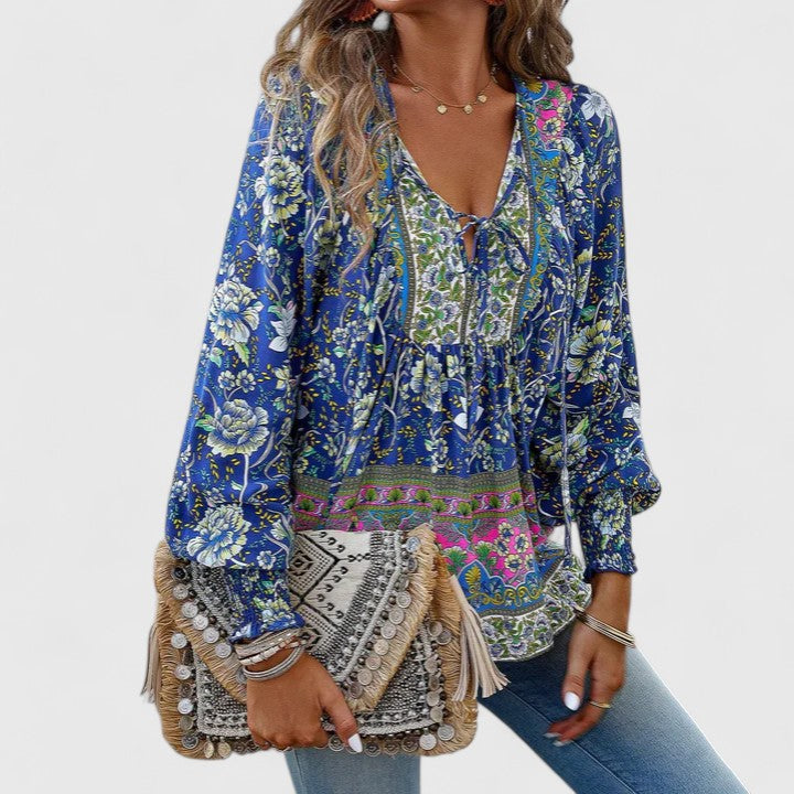 Rosabel | Women's Floral V-Neck Puff Sleeve Blouse - Image 2
