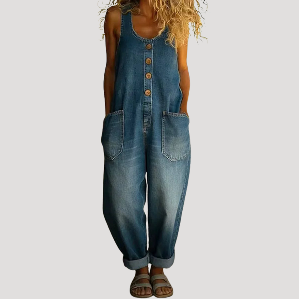 Sloane | Women's Button Front Wide Leg Overall Jumpsuit - Dark Grey - Image 2