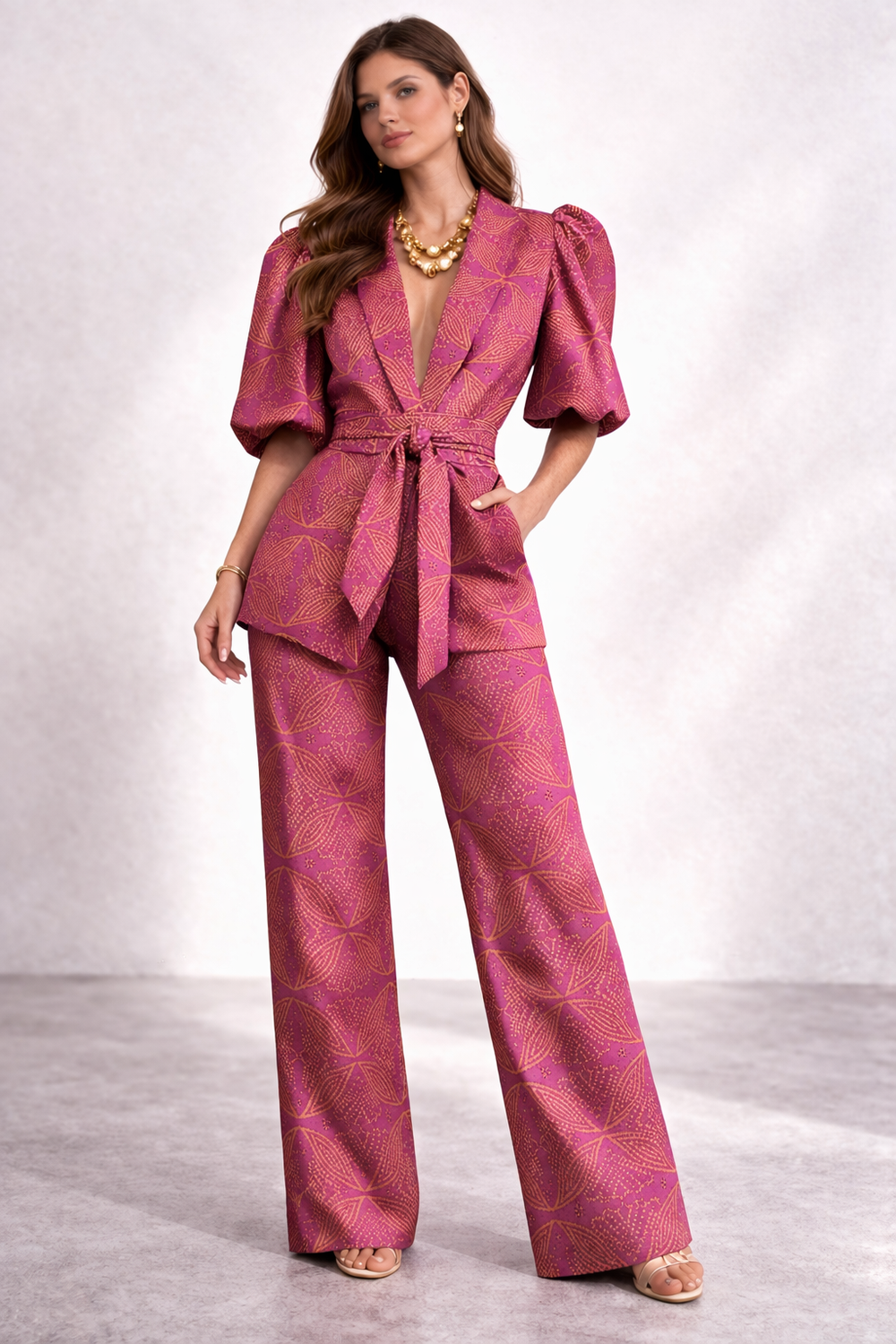 Solara | Women's Printed Puff Sleeve Two-Piece Pant Set - Teal - Image 2