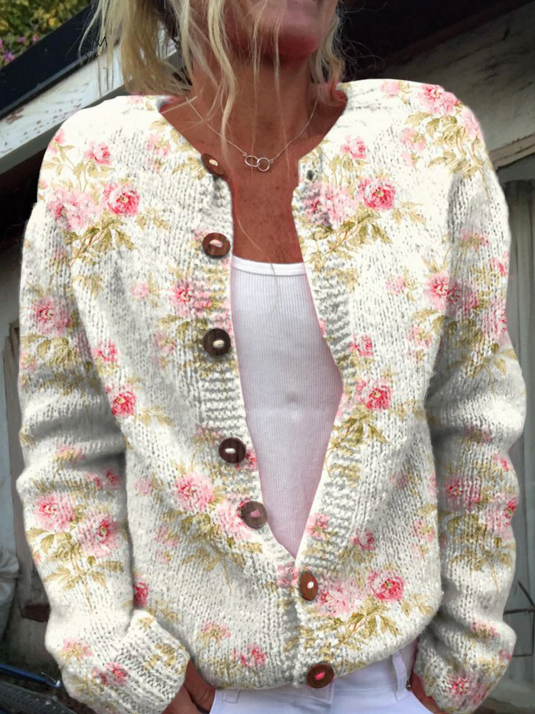 Solvira | Women's Floral Knit Button-Up Cardigan - Cream - Image 1