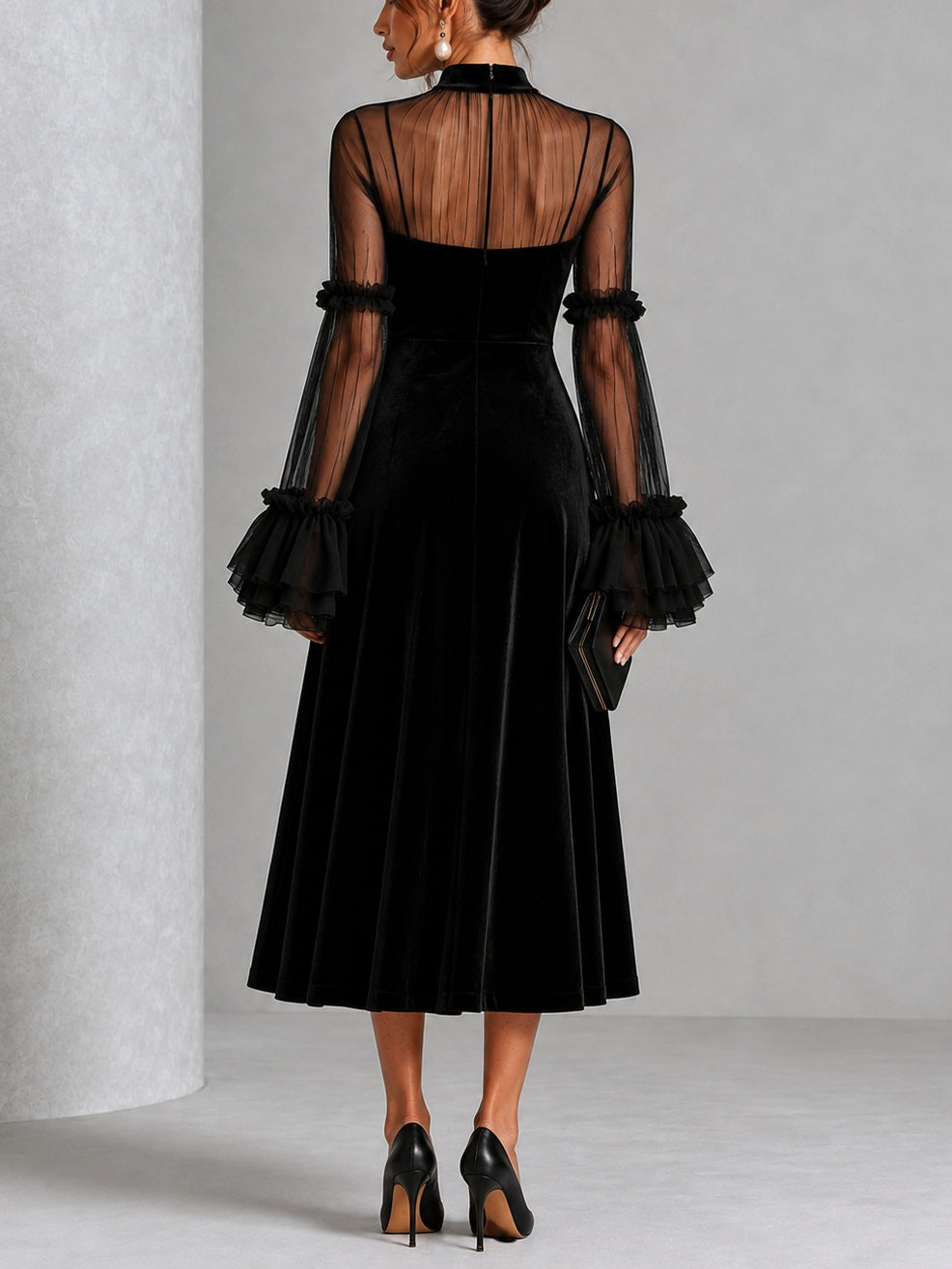 Sorenne | Women's Velvet Midi Dress Sheer Sleeves - Black - Image 2