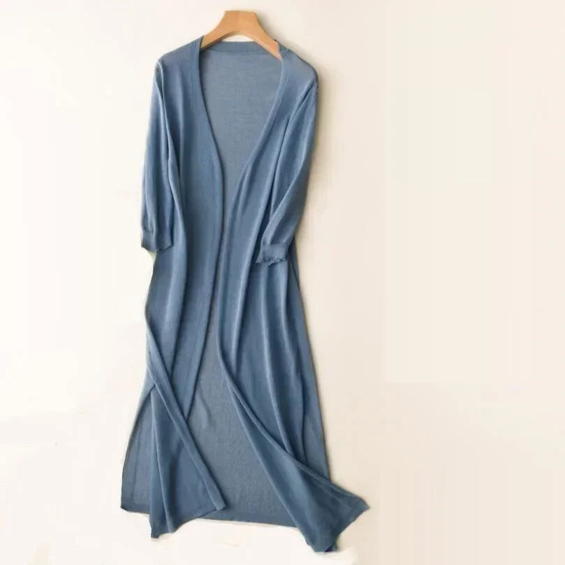 Sylvaine | Women's Long Open Front Duster Cardigan - Light Grey - Image 2