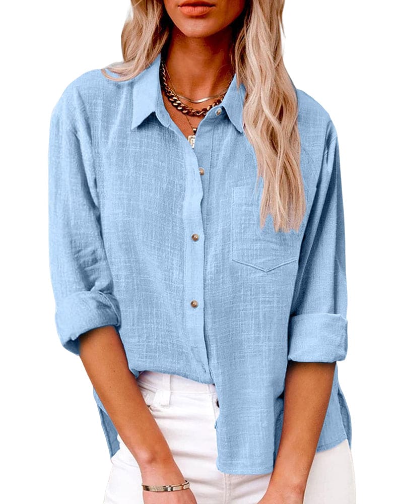 Tabitha | Women's Collared Long Sleeve Button Up Shirt - Light Blue - Image 1