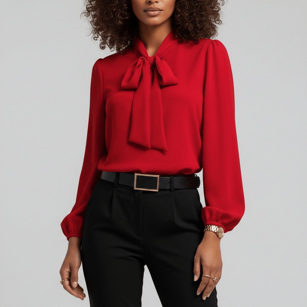 Tallulah | Women's Bow Tie Neck Long Sleeve Blouse - Red - Image 1