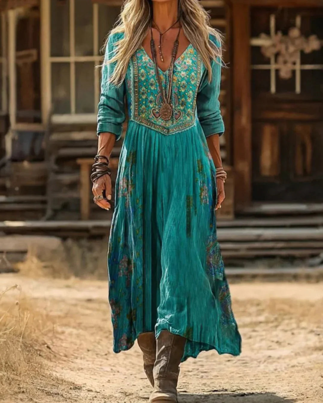 Tamara | Women's Embroidered V Neck Maxi Dress - Teal - Image 1