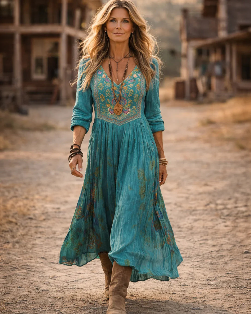 Tamara | Women's Embroidered V Neck Maxi Dress - Teal - Image 2