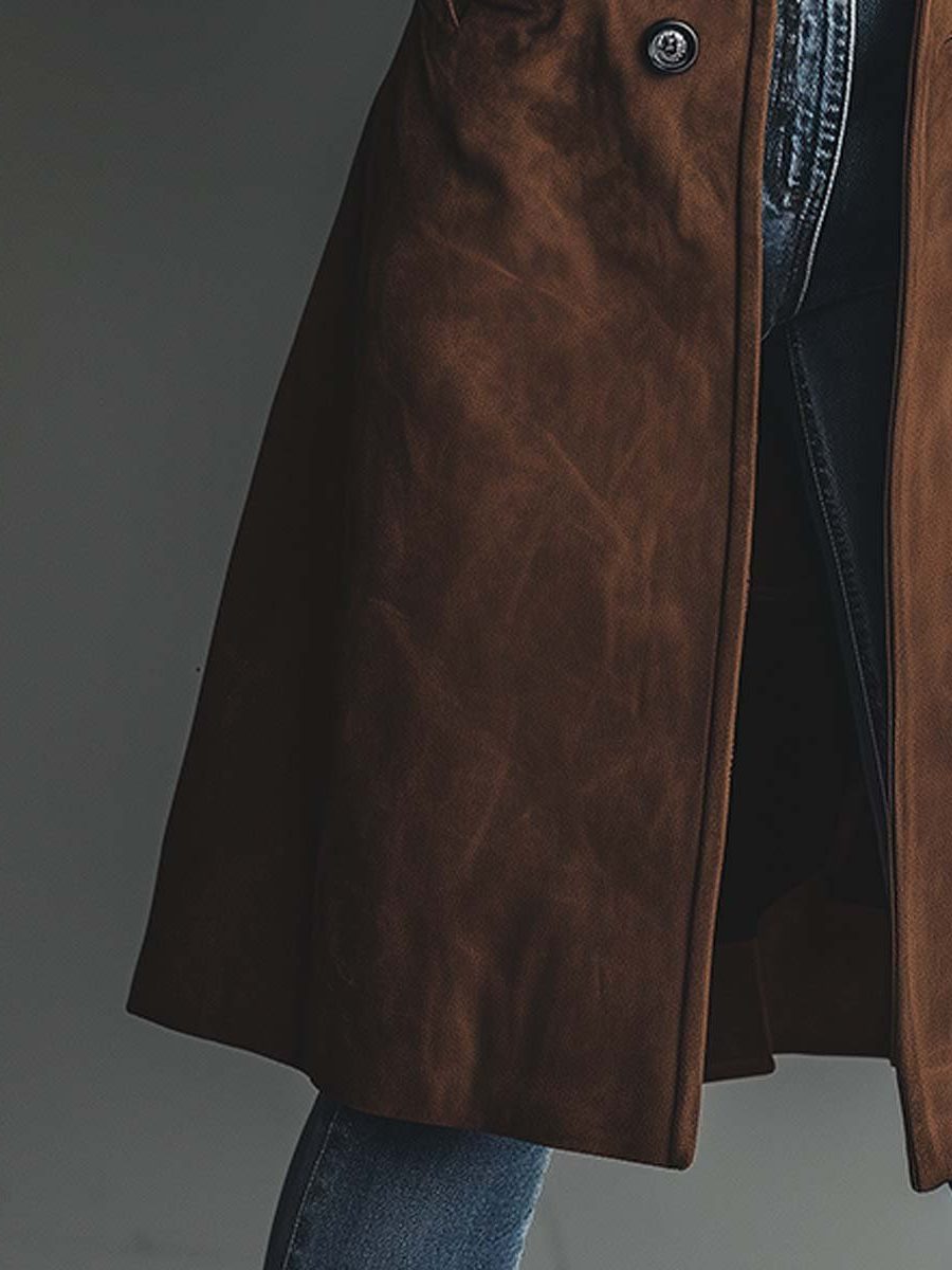 Telvara | Women's Vintage Suede Trench Coat - Brown - Image 2