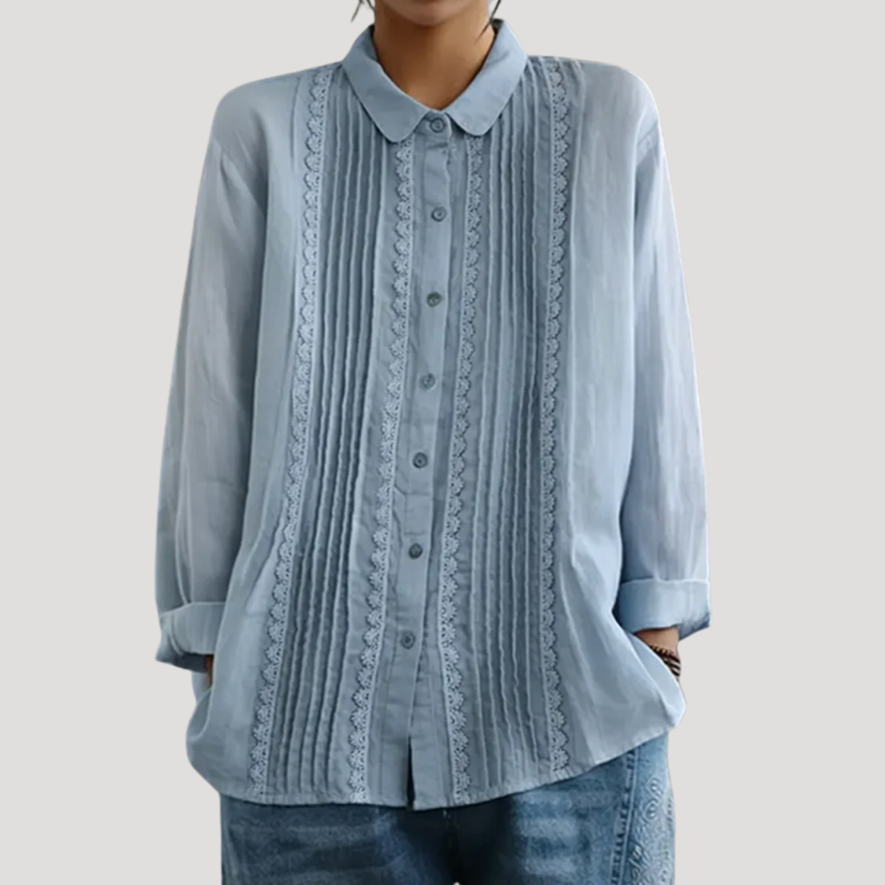 Théa | Women's Collared Pleated Lace Trim Long Sleeve Blouse - White - Image 2