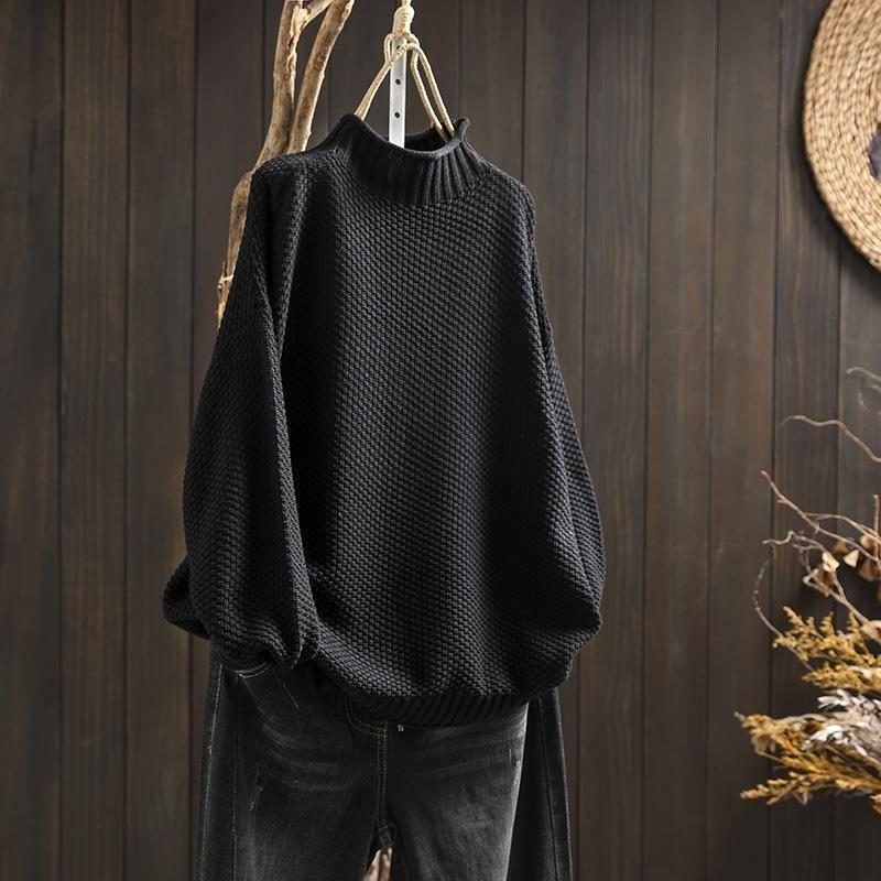 Thelvara | Women's Oversized Turtleneck Knit Sweater - Brown - Image 2