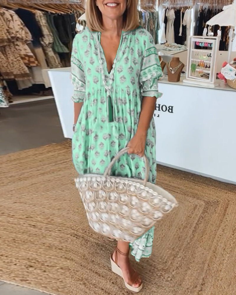 Thessalonica | Women's Floral V-Neck 3/4 Sleeve Midi Dress - Image 2