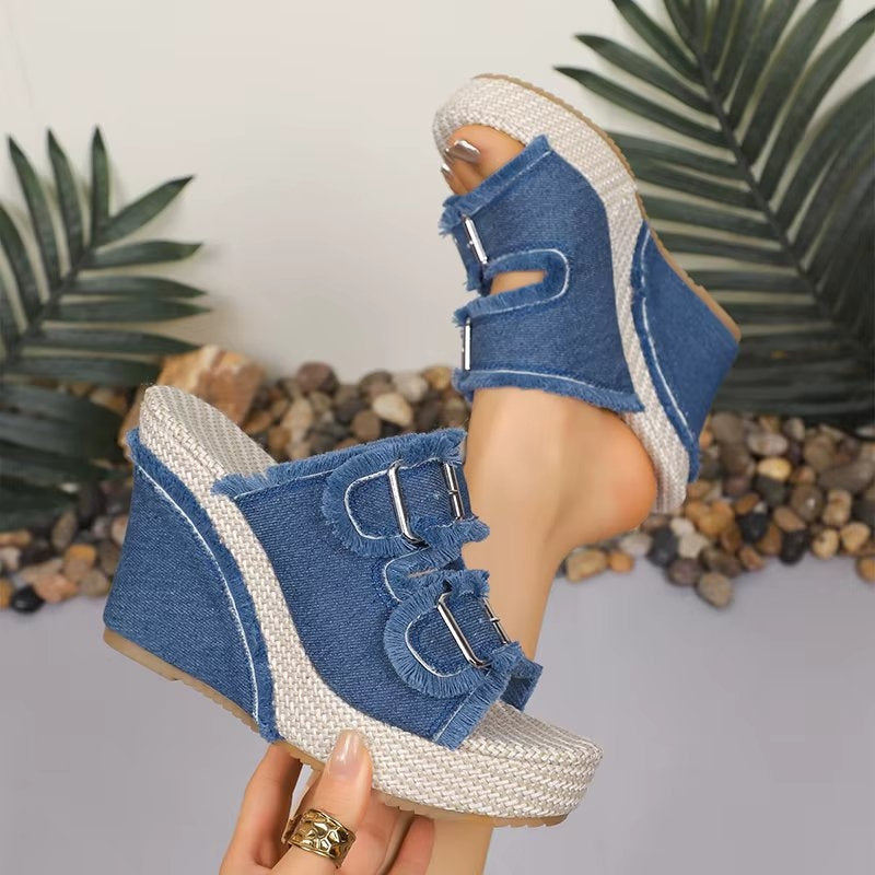 Thessania | Women's Adjustable Buckle Wedge Sandals - Blue - Image 2
