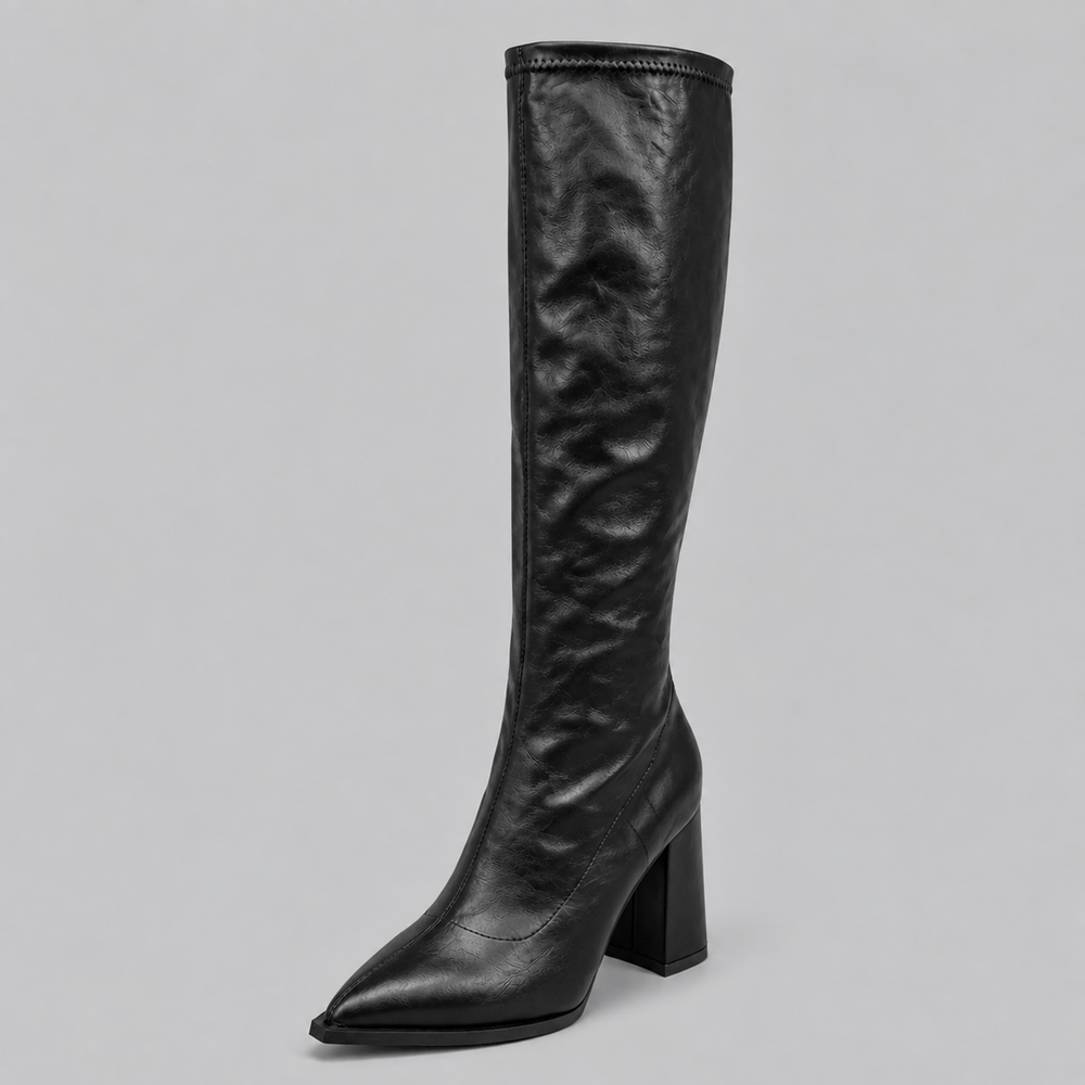 Thessvine | Women's Knee-High Boots Pointed Toe - Black - Image 2