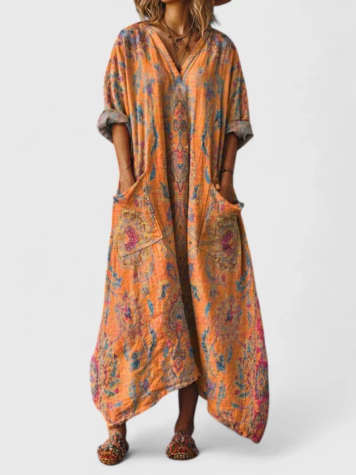 Valentina | Women's Paisley Print V-Neck Maxi Dress - Orange - Image 1