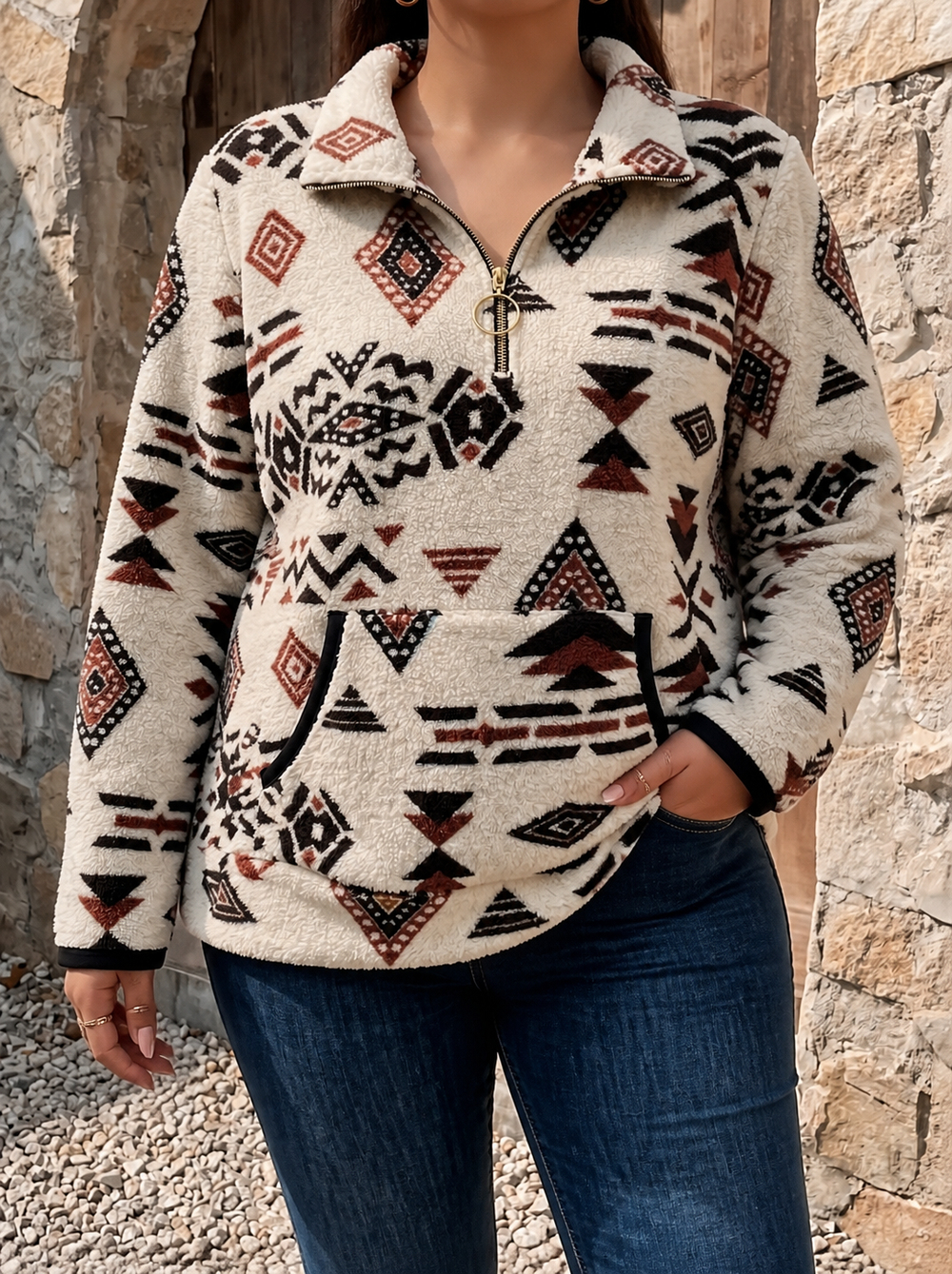 Veldrina | Women's Aztec Sherpa Half-Zip Pullover - Cream - Image 2